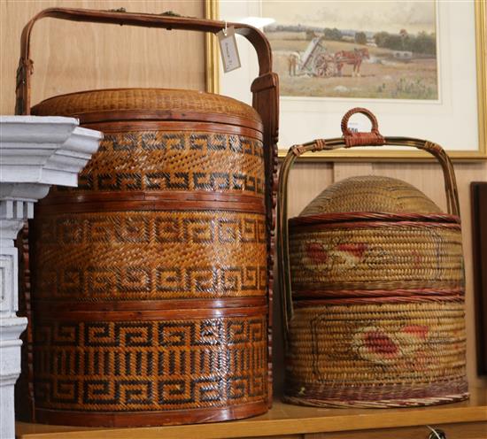 A Japanese three tier straw-work basket and another smaller W.40 and 30cm